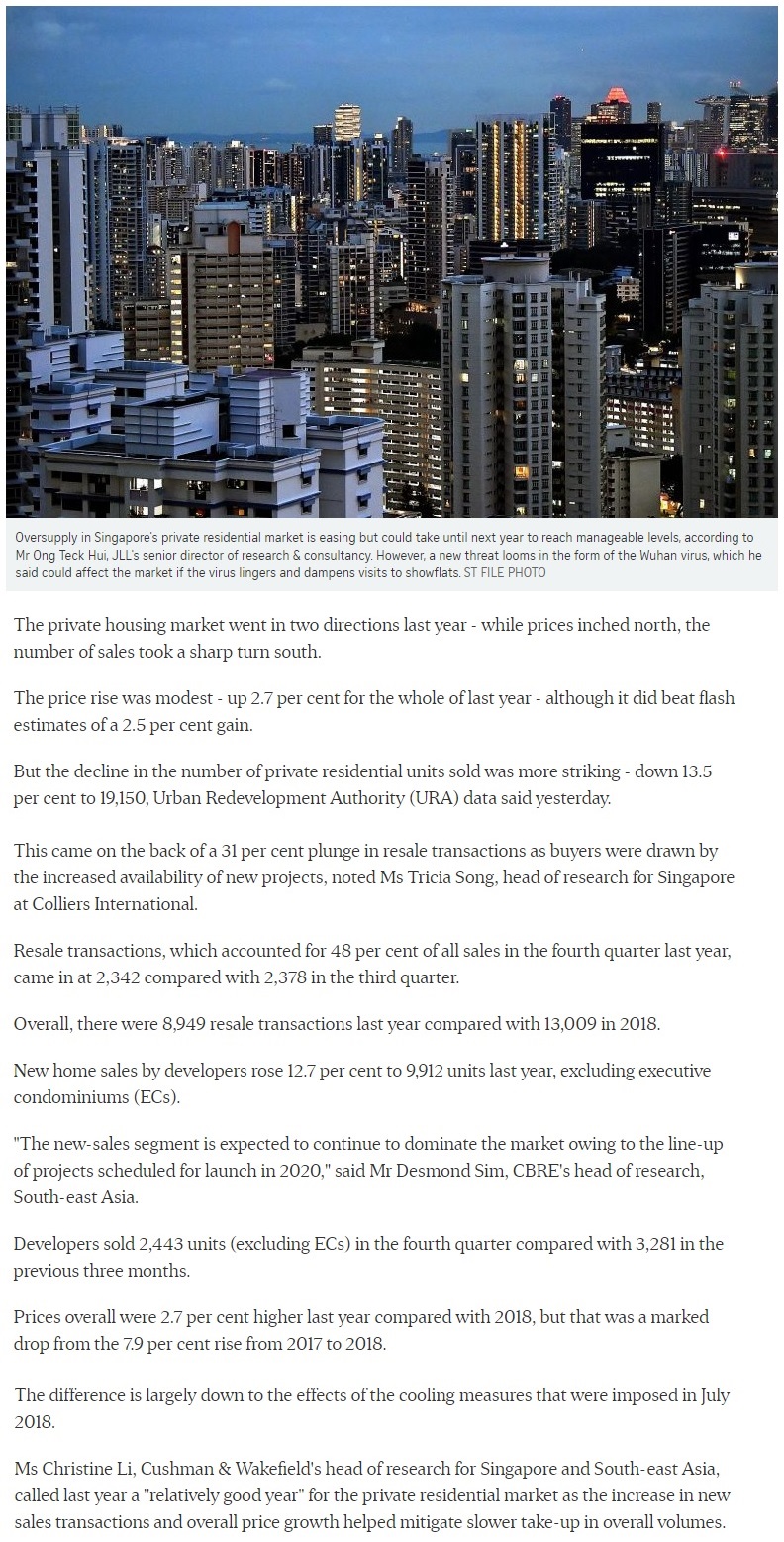 Singapore private home prices inch up 2.7% for 2019 Part 1